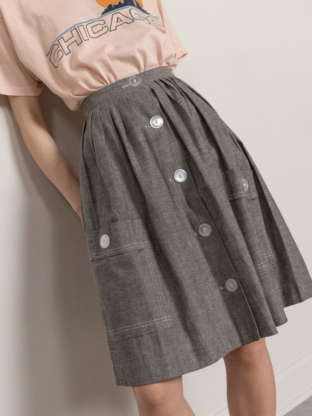 Vintage Grey Severe Pleated Skirt Linen Knee Length Xs / 24 Inch Waist - Picture 7 of 10